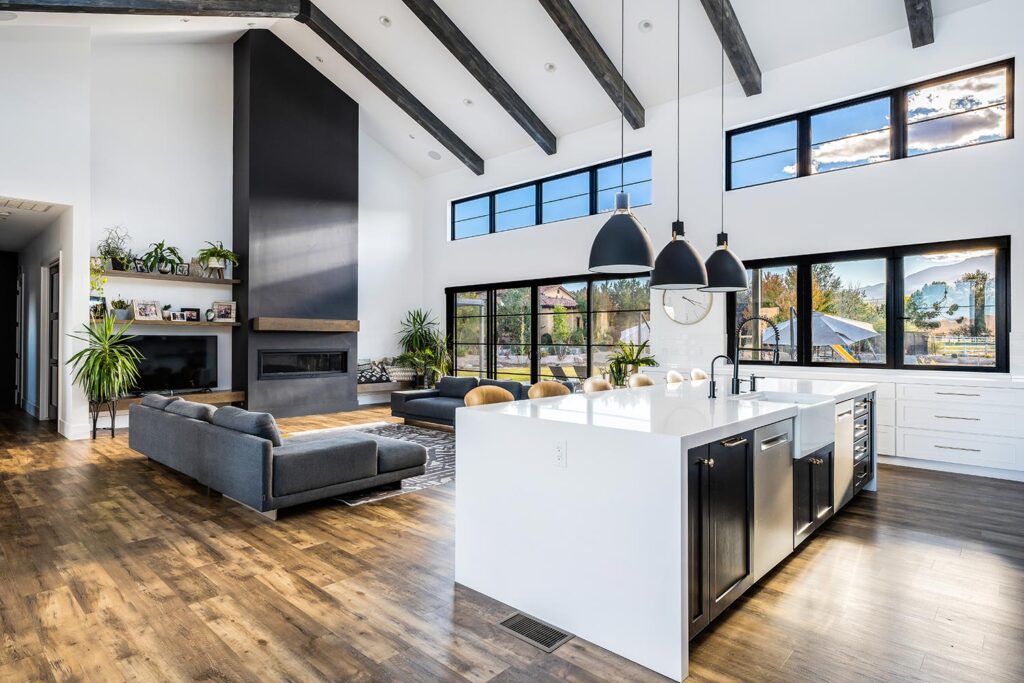 modern great room of custom built luxury home in reno